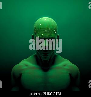 Concepto de inteligencia artificial - 3D ilustración de figura macho verde oscuro con cabezal de cubierta de placa de circuito de ordenador