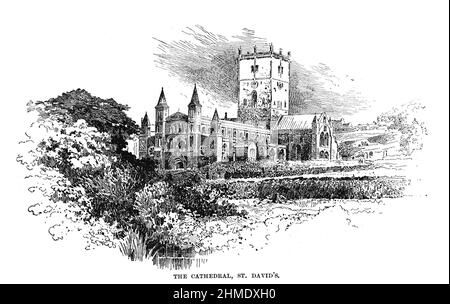 Ilustración en blanco y negro; Catedral de San David, Pembrokeshire, Gales, alrededor de 1895 Foto de stock