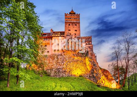 Castillo de Bran, Rumania - Impresionante imagen HDR crepúsculo de la fortaleza de Drácula en Transilvania, punto de referencia medieval de Europa del Este. Foto de stock