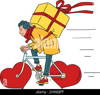 Entrega de comida de mensajero en una bicicleta con ruedas, Día de San Valentín. Corazón rojo en lugar de ruedas Ilustración del Vector