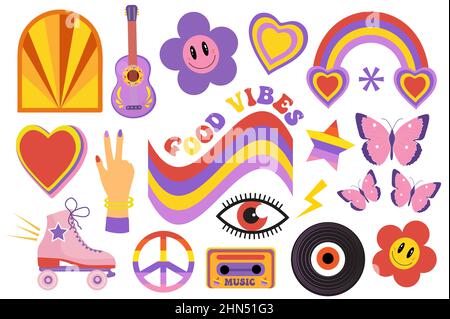 Ilustración hippie. Pósteres de dibujos animados de objetos y elementos  hippies Imagen Vector de stock - Alamy
