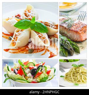 Collage con comida mediterránea, ensalada, pasta, salmón y espárragos Foto de stock