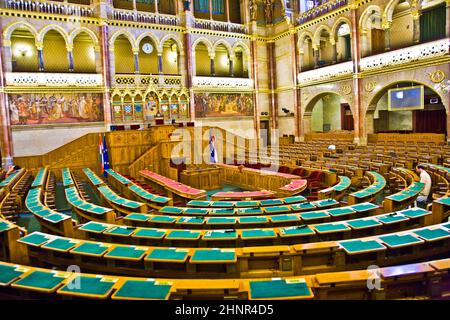 Nside famoso parlamento húngaro en estilo gótico avivamiento en Budapest, Hungría.