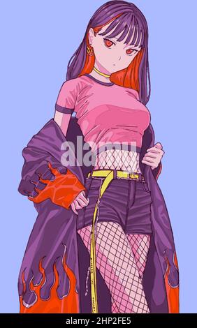  anime niña con pelo rojo púrpura y un manto con una impresión de fuego Imagen Vector de stock