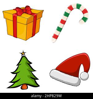 Conjunto de iconos de dibujos animados con decoraciones navideñas  incluyendo santa, árbol de año, regalos, animales, velas aisladas  ilustración vectorial Imagen Vector de stock - Alamy
