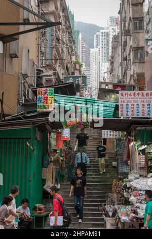 Mercado callejero en Pottinger Street, Central, Isla de Hong Kong, 2008