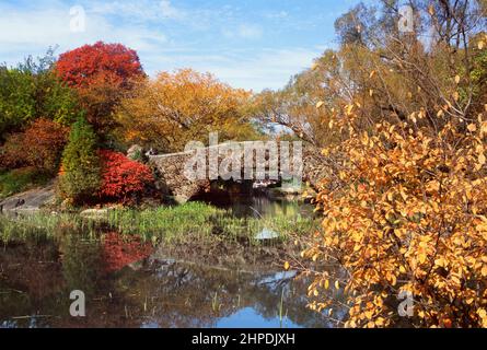 Parque Central en la ciudad de Nueva York follaje otoñal. El estanque, el puente Gapstow, el santuario natural Hallett, Central Park Conservancy. Nueva York EE.UU. Foto de stock
