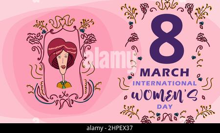 Día internacional de la mujer. 8th de marzo. Cartel con una mujer. El concepto del movimiento de potenciación de la mujer. Ilustración en estilo plano.