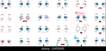 Expressões de anime rostos fofos de kawaii com olhos, lábios e nariz,  anatomia dos desenhos animados, garotas de mangá sorridentes, imagens  vetoriais exatas definidas isoladas