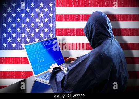 Hacker an nimo encapuchado bandera de Estados Unidos de