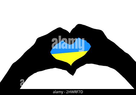 Silueta de estilo artístico pop de las manos femeninas que presenta un signo DE CORAZÓN con rayas azules y amarillas en el interior Foto de stock