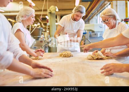Grupo de panaderos en el negocio familiar amasa la masa juntos para hornear rollos en la panadería Foto de stock