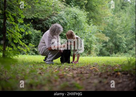 Hermoso momento familiar con niña besando a la pequeña cachorro labrador mientras disfrutan en la naturaleza verde de verano con su abuelo. Foto de stock