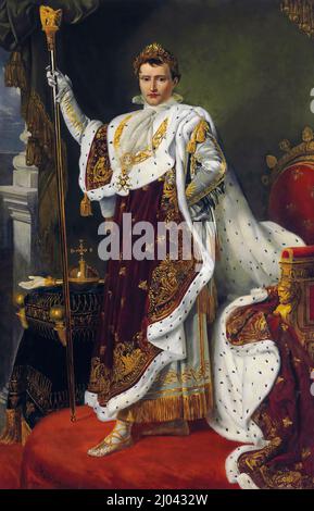 Retrato del emperador Napoleón Bonaparte (1769-1821), de longitud completa en trajes de coronación, óleo sobre pintura de lienzo por Alexandre Benoit Jean Dufay, 1809 Foto de stock