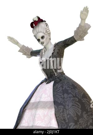 Mujer espeluznante en negro y rosa vestido de pelota, peluca retro, una dama fantasma, 3D Ilustración.