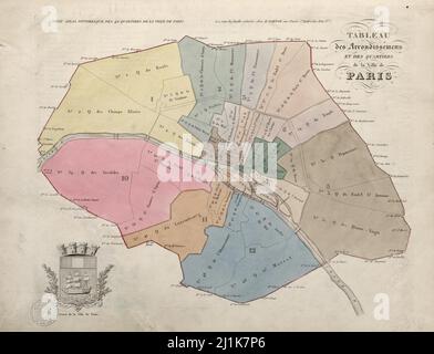 Mapa vintage de los barrios parisinos del siglo 19th. Petit atlas es de hermoso color e ilustrado mostrando el París en ese momento. Foto de stock