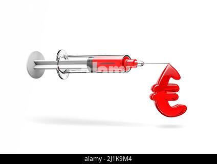 Costes médicos en Europa - 3D ilustración de la caída en forma de símbolo del euro en la punta de la aguja de jeringa médica aislada sobre fondo blanco del estudio Foto de stock