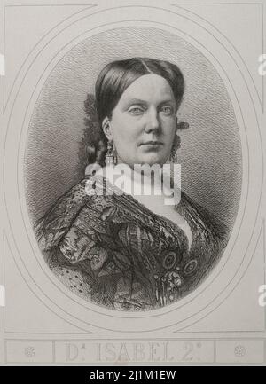 Isabella II (1830-1904). Reina de España de 1833 a 1868. Vertical. Grabado. Historia General de España, de Modesto Lafuente. Volumen VI Publicado en Barcelona, 1882.