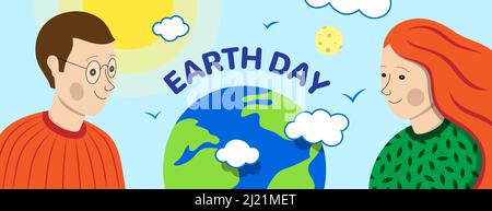 Dibujos animados hombre y mujer sonriente mirando en el planeta Tierra. Diseño de banner vectorial del Día de la Tierra. Ilustración del Vector