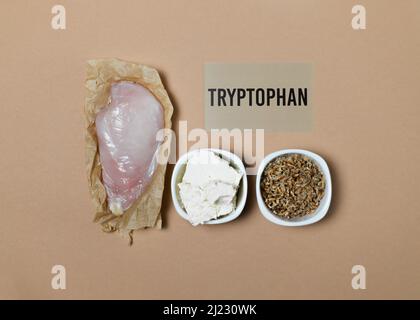 Alimentos ricos en triptófano. Las fuentes naturales del triptófano son el filete de pollo, el queso de cabaña, los granos germinados del trigo. Cartel de cartón con la inscripción. Foto de stock
