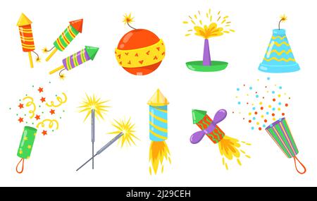Pirotecnia navideña de dibujos animados petardos festivos fuegos  artificiales pirotécnicos cohetes y petardos conjunto de vectores de bombas  decorativas navideñas