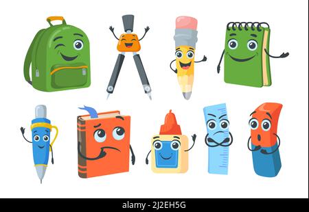 Útiles escolares comunes dibujados con caras de dibujos animados Imagen  Vector de stock - Alamy