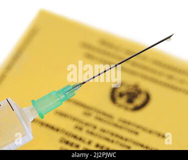 jeringa médica llena de vacuna y certificado amarillo de vacunación internacional sobre fondo blanco, cerca de una aguja de vacunación