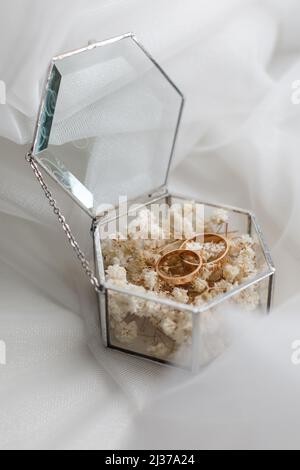 Vista de cerca de flores blancas, anillos de boda en caja de cristal con plantas en el interior Foto de stock