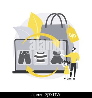 Ropa de bebé comercio-en resumen concepto vector ilustración. Juguetes y  ropa usados para niños a cambio de dinero en efectivo o cupones, tienda de  moda infantil, segunda ha Imagen Vector de stock -