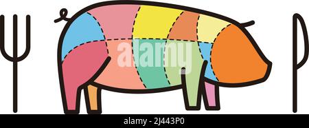 Cortes de carne de cerdo. Diagrama de cortes de carnicero. Esquema de cerdo Ilustración del Vector