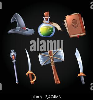 Dibujos animados magia fantasía y armas iconos establecidos para el juego de ordenador. Espada y personal, brujería y veneno de botella, sombrero y martillo, objeto de juego para la aplicación. V Ilustración del Vector