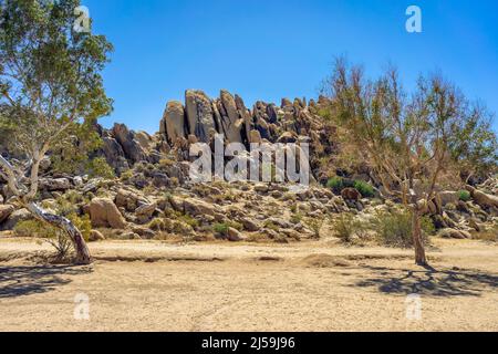 Una colina de gran formación rocosa en el parque Horsemen's Center Park en la ciudad del desierto Mojave de Apple Valley, CA. Foto de stock