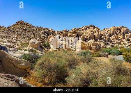 Formación de rocas con arbustos secos en el parque Horsemen's Center Park en la ciudad del desierto Mojave de Apple Valley, CA. Foto de stock