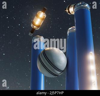 Wickets electrónicos de críquet azules con bail de desalojamiento y luces LED iluminantes sobre un fondo de cielo nocturno - 3D render Foto de stock