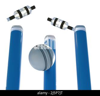 Wickets electrónicos de críquet azules con bail de desalojamiento y luces LED iluminantes sobre un fondo blanco aislado - 3D render Foto de stock
