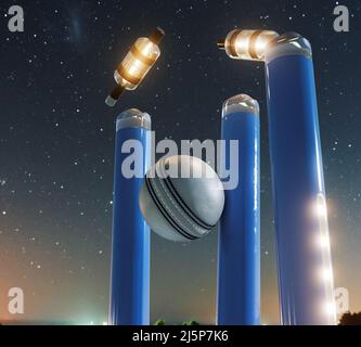 Wickets electrónicos de críquet azules con bail de desalojamiento y luces LED iluminantes sobre un fondo de cielo nocturno - 3D render Foto de stock