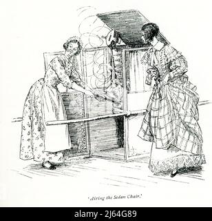 El título de 1891 dice: “Aireando la silla Sedan” – hablado por Martha. Se ha tomado de la novela Cranford de la señora Gaskell e ilustrado por Hugh Thomson. Elizabeth C Gaskell (murió en 1865), a menudo conocida como Mrs Gaskell, fue una novelista, biógrafa y escritora de cuentos. Sus novelas ofrecen un retrato detallado de las vidas de muchos estratos de la sociedad victoriana, incluyendo a los muy pobres. Su primera novela, Mary Barton, fue publicada en 1848. La vida de Charlotte Brontë de Gaskell, publicada en 1857, fue la primera biografía de Brontë. Entre las novelas más conocidas de Gaskell está Cranford (1851–53). Hugh Tho Foto de stock