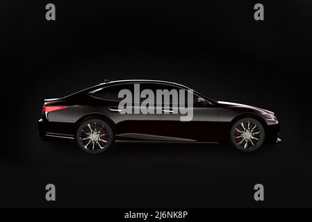Nuevo coche sedán negro metálico moderno. Diseño contemporáneo genérico, sin marca. 3D renderizado. Foto de stock