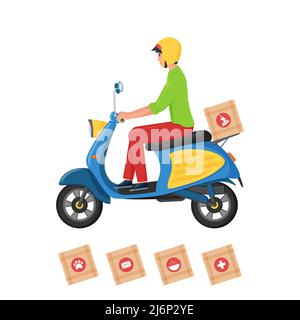 Un mensajero masculino joven entrega cajas de varios productos en un scooter. Aislado sobre blanco. El personaje es un hombre en un casco que monta un ciclomotor. Vector. Plana Ilustración del Vector