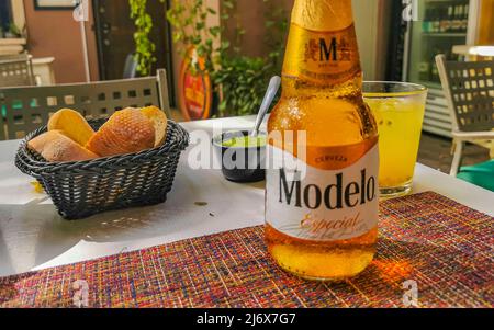 Playa del Carmen México 01. Abril 2022 Botella de cerveza Modelo Comida y  bebida en el restaurante PapaCharly Papa Charly en Playa del Carmen  Quintana Roo Mex Fotografía de stock - Alamy