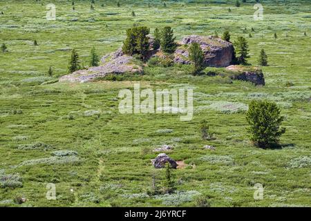 Acantilados de piedra en la ladera de la montaña. Cordillera Seminsky en Altai, Siberia. Foto de stock