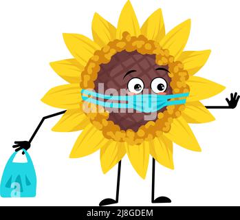 Carácter de girasol con cara en máscara médica Mantenga la distancia,  brazos y piernas. Planta a persona con expresión de cuidado, emoticono  amarillo de la flor del sol. Ilustración de vector plano