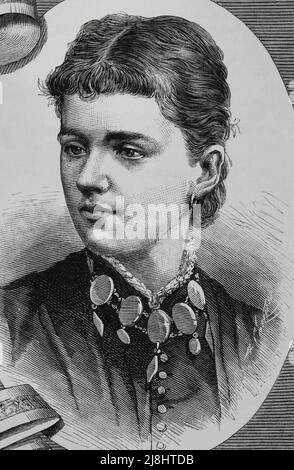 Helena de Waldeck-Pyrmont (Duquesa de Albany) (1861-1922). Miembro de la Familia Real Británica a través de su matrimonio con el Príncipe Leopold, Duque de Albany. Vertical. Grabado de Arturo Carretero, 1882.