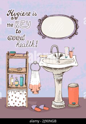 La higiene es una clave para la buena salud - mensaje motivacional en la pared interior de un baño con una mano lavabo debajo de un espejo de pared y estantes en contenedor Ilustración del Vector