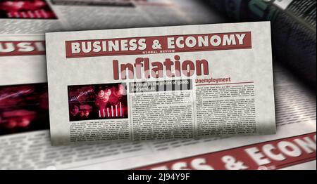 Inflación, economía, desempleo y precios en alza. Impresión de periódico. Concepto abstracto de prensa vintage. Ilustración de renderizado Retro 3D. Foto de stock