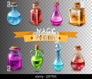 Botella de poción transparente conjunto de imágenes aisladas de tubo de vidrio mágico de diferentes colores y formas de la ilustración vectorial Ilustración del Vector