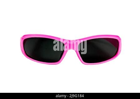 Gafas de sol de plástico rosa brillante con lentes oscuras aisladas sobre fondo blanco. Foto de stock