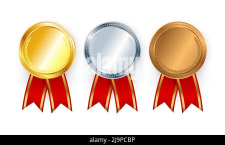Premios militares liderazgo deportivo ronda medallas de oro con cintas  rojas logro vectorial decente conjunto realista