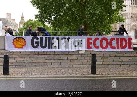 Los manifestantes sostienen la bandera en la manifestación. Extinción Protestantes de la Rebelión se reunieron en el Metodista Central Hall Westminster en Londres, para detener la Asamblea General Anual de Shell.