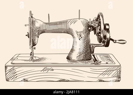 Máquina de coser a mano antigua sobre un boceto de base de madera